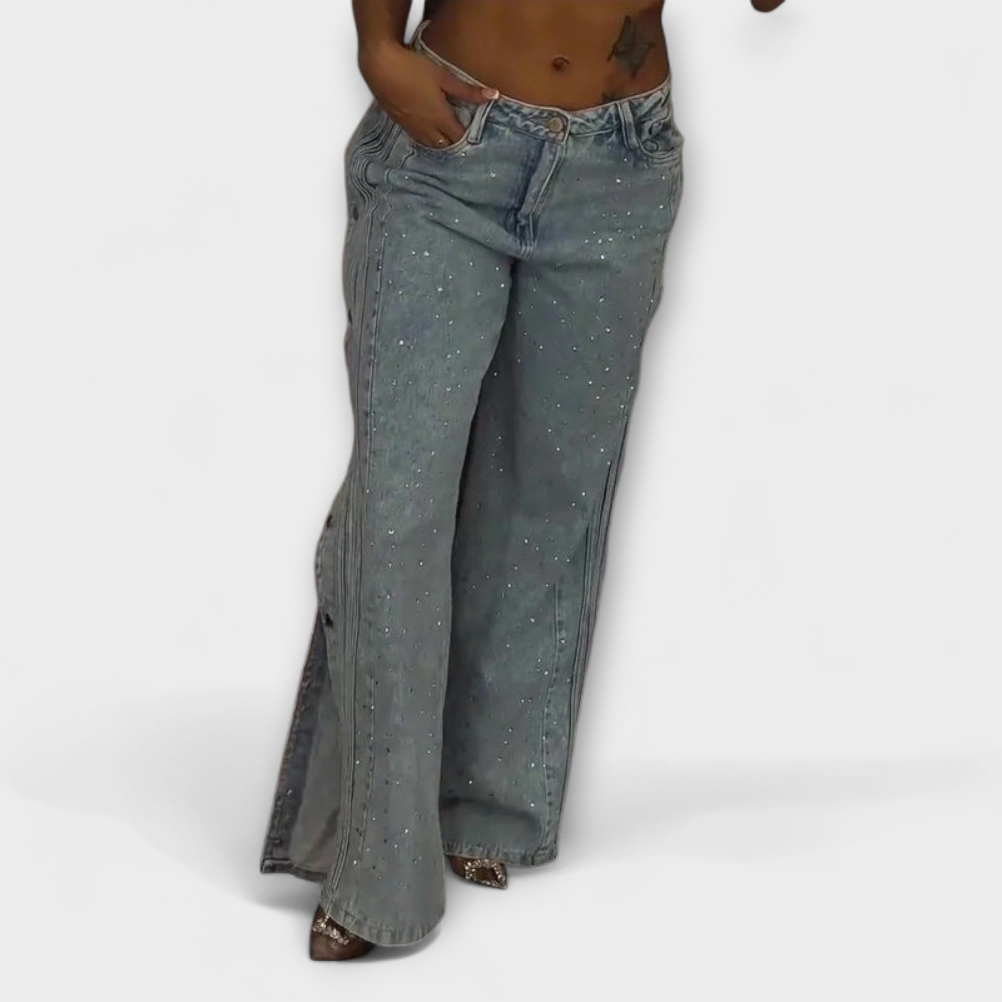 Élise™ High-Waisted Jeans with Rhinestone Accents and Side Buttons