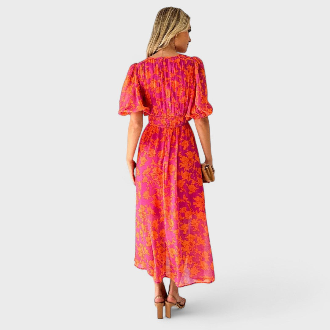 Élise™ - Midi Floral Dress with Puff Sleeves and V-Neck