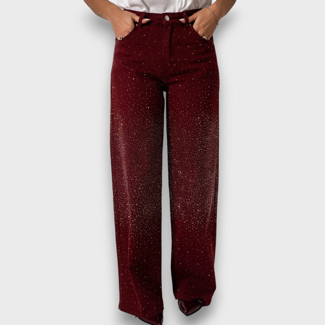 Élise™ – Bordeaux Wide Leg Jeans with Rhinestones