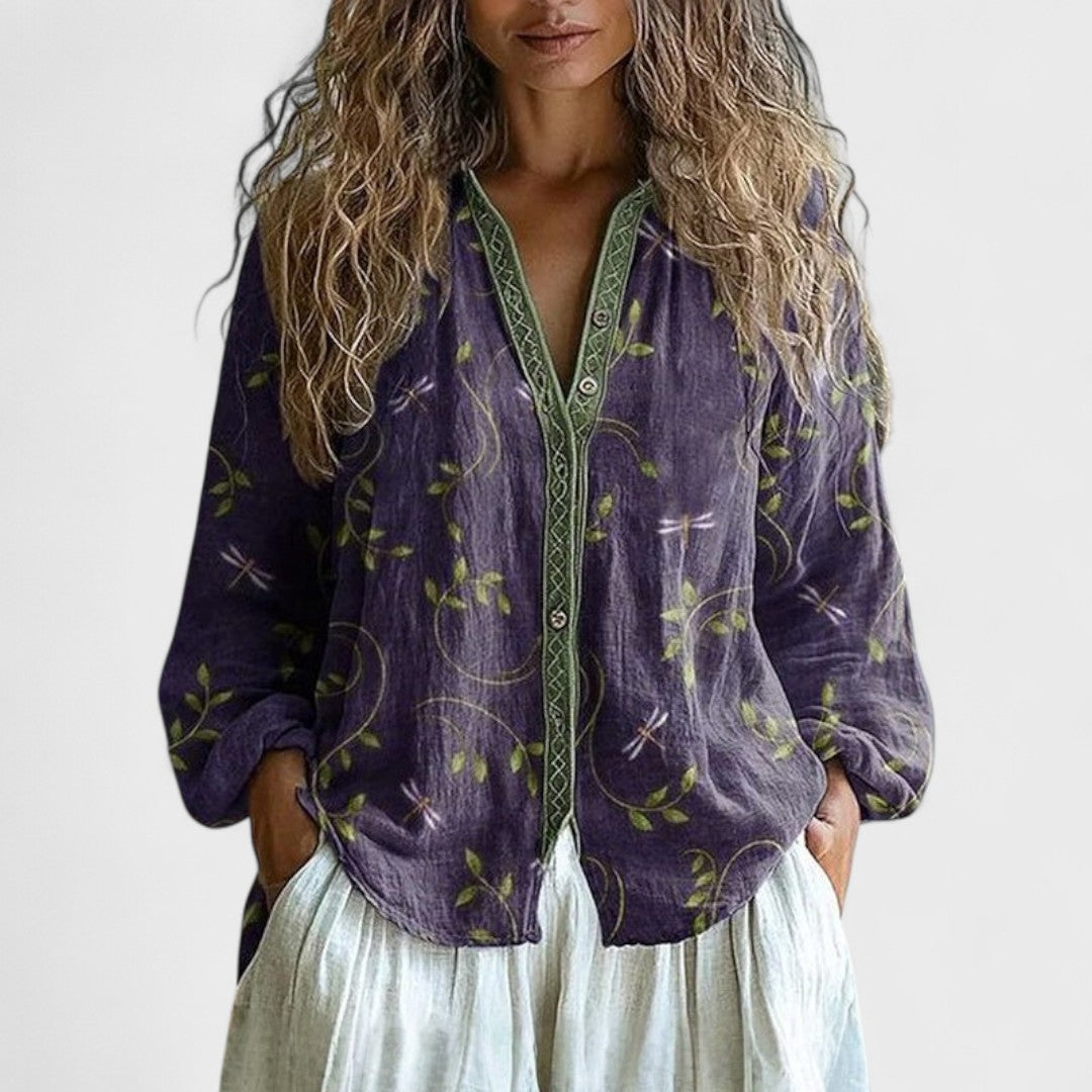 Élise™ - Vintage Leaf Print Blouse