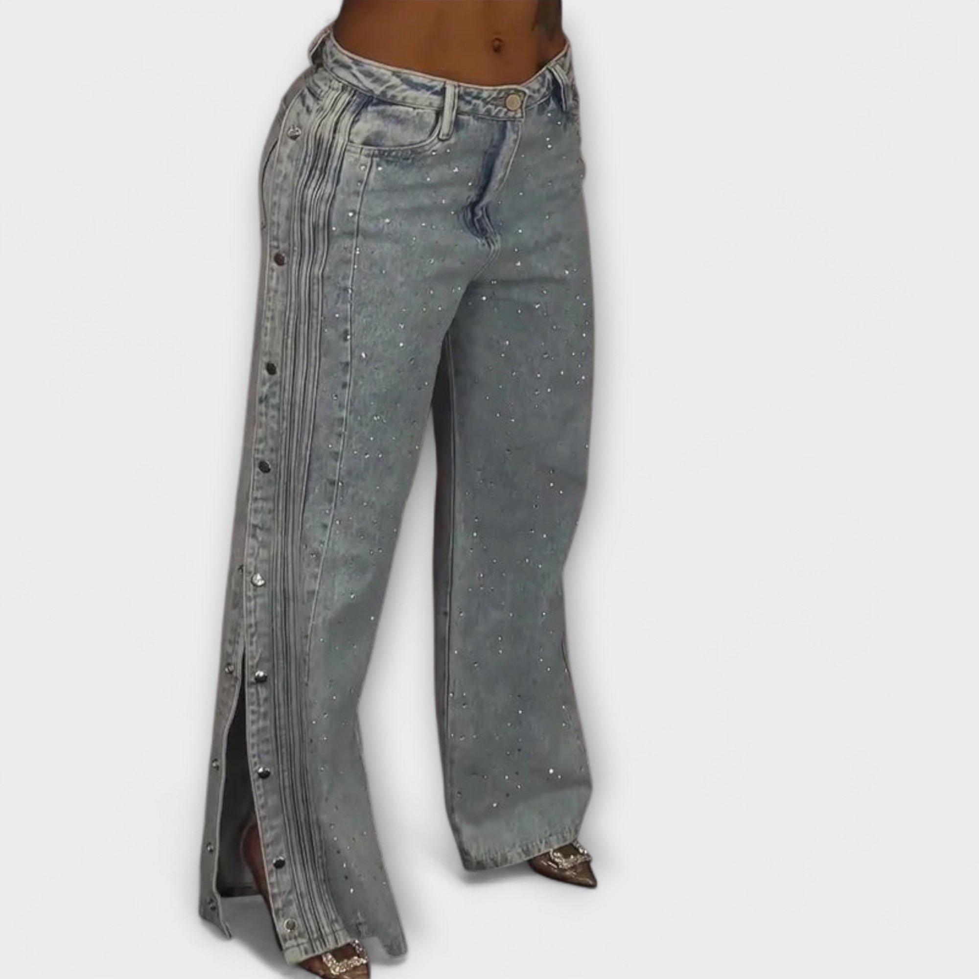 Élise™ High-Waisted Jeans with Rhinestone Accents and Side Buttons