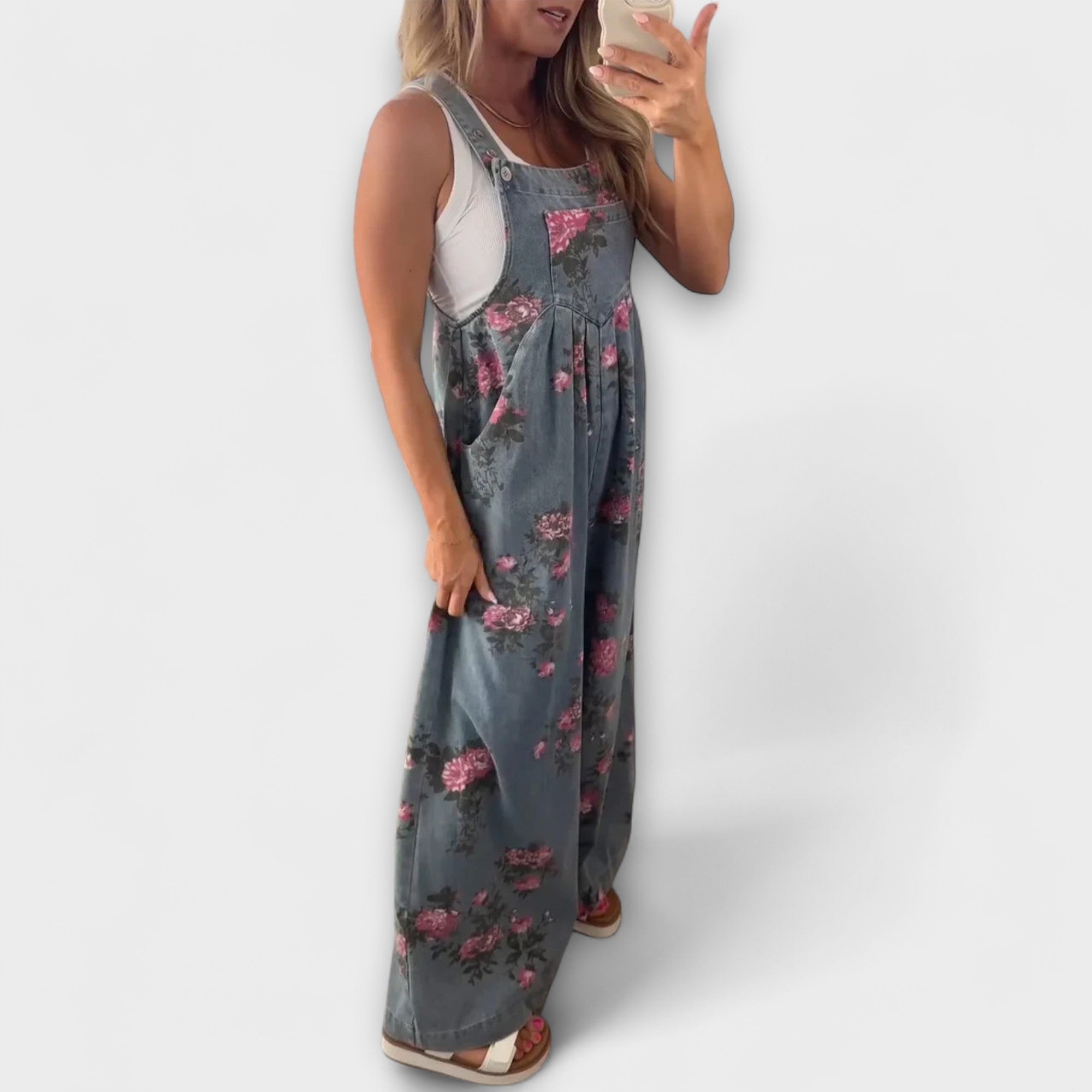 Élise™ - Floral Pattern Denim Dungarees