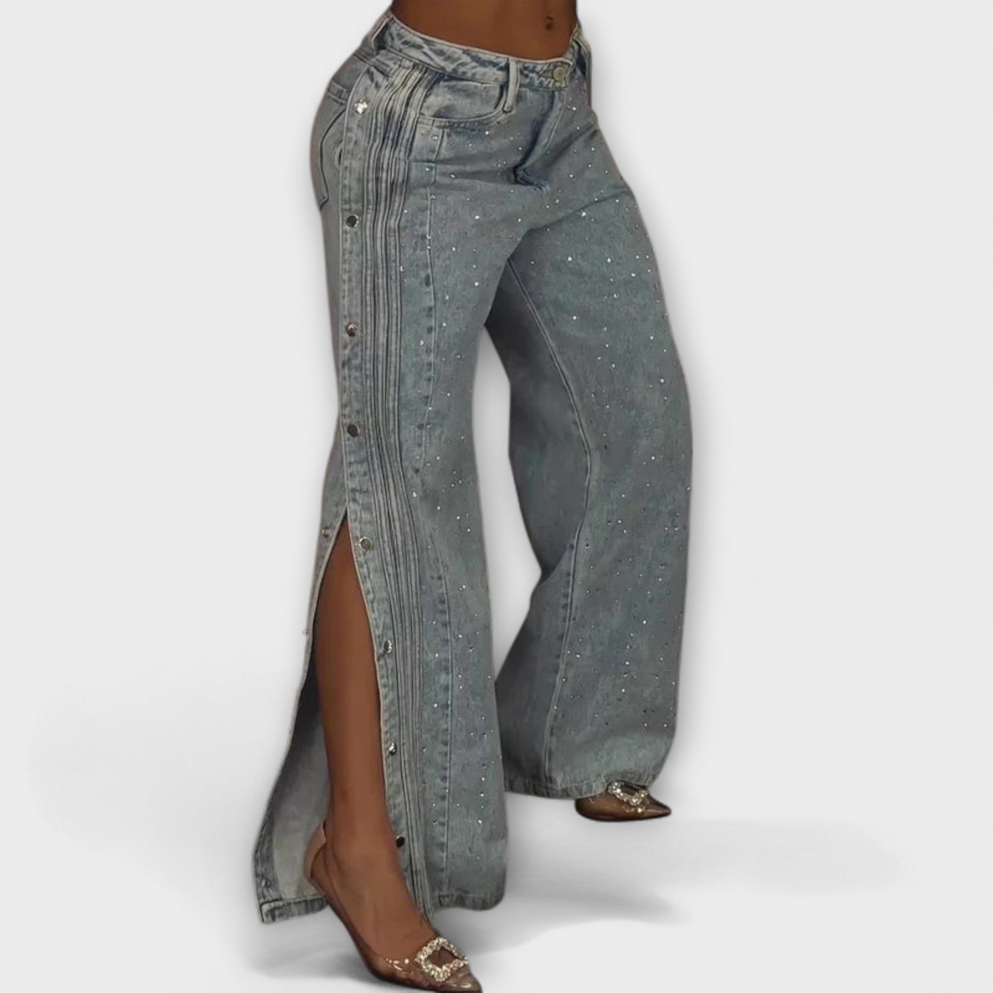 Élise™ High-Waisted Jeans with Rhinestone Accents and Side Buttons
