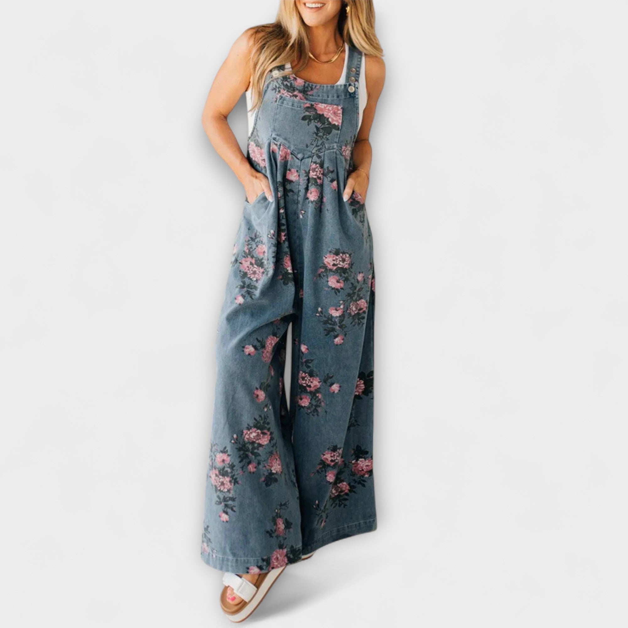 Élise™ - Floral Pattern Denim Dungarees
