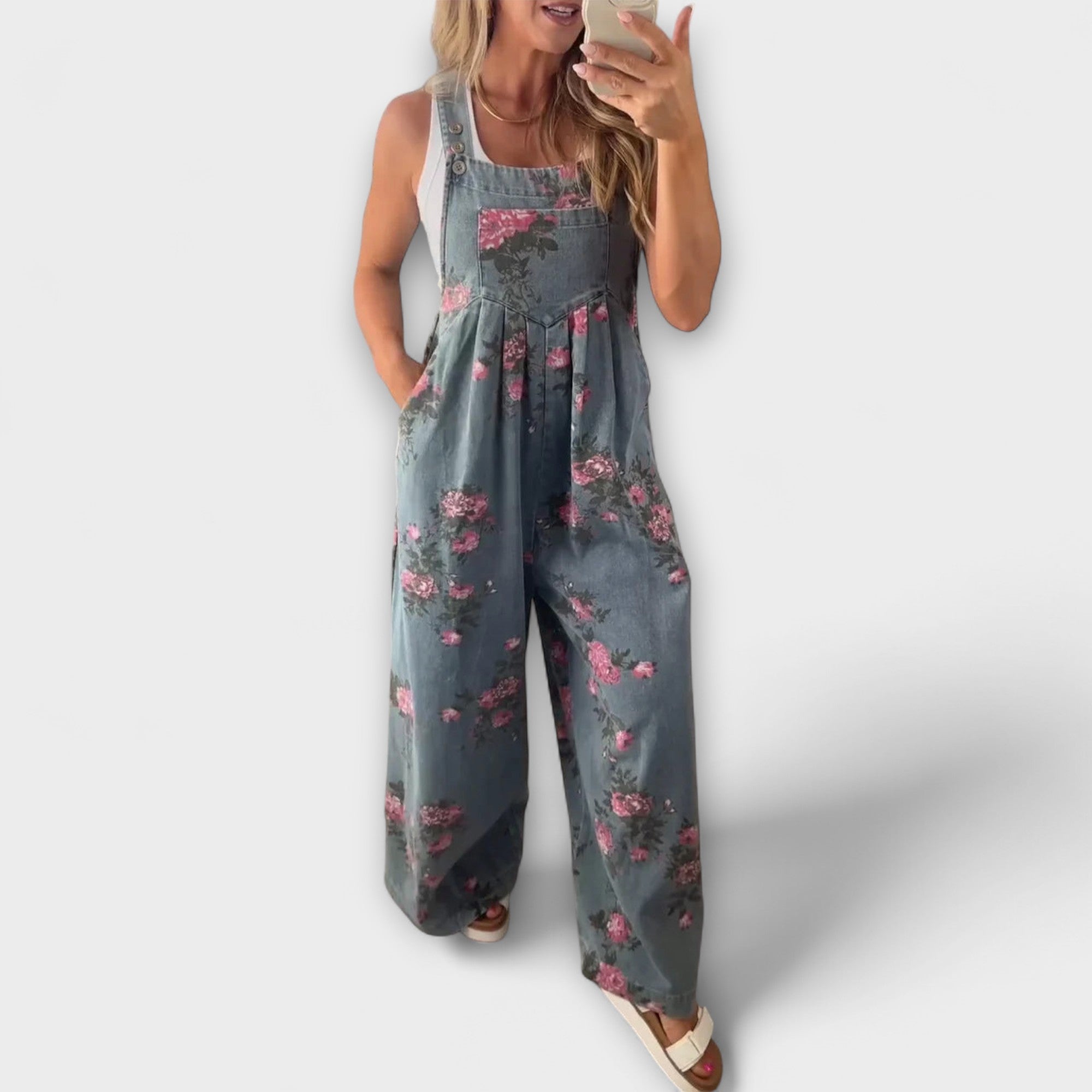 Élise™ - Floral Pattern Denim Dungarees