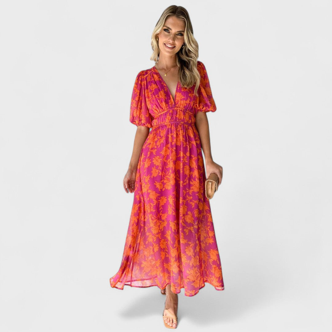 Élise™ - Midi Floral Dress with Puff Sleeves and V-Neck