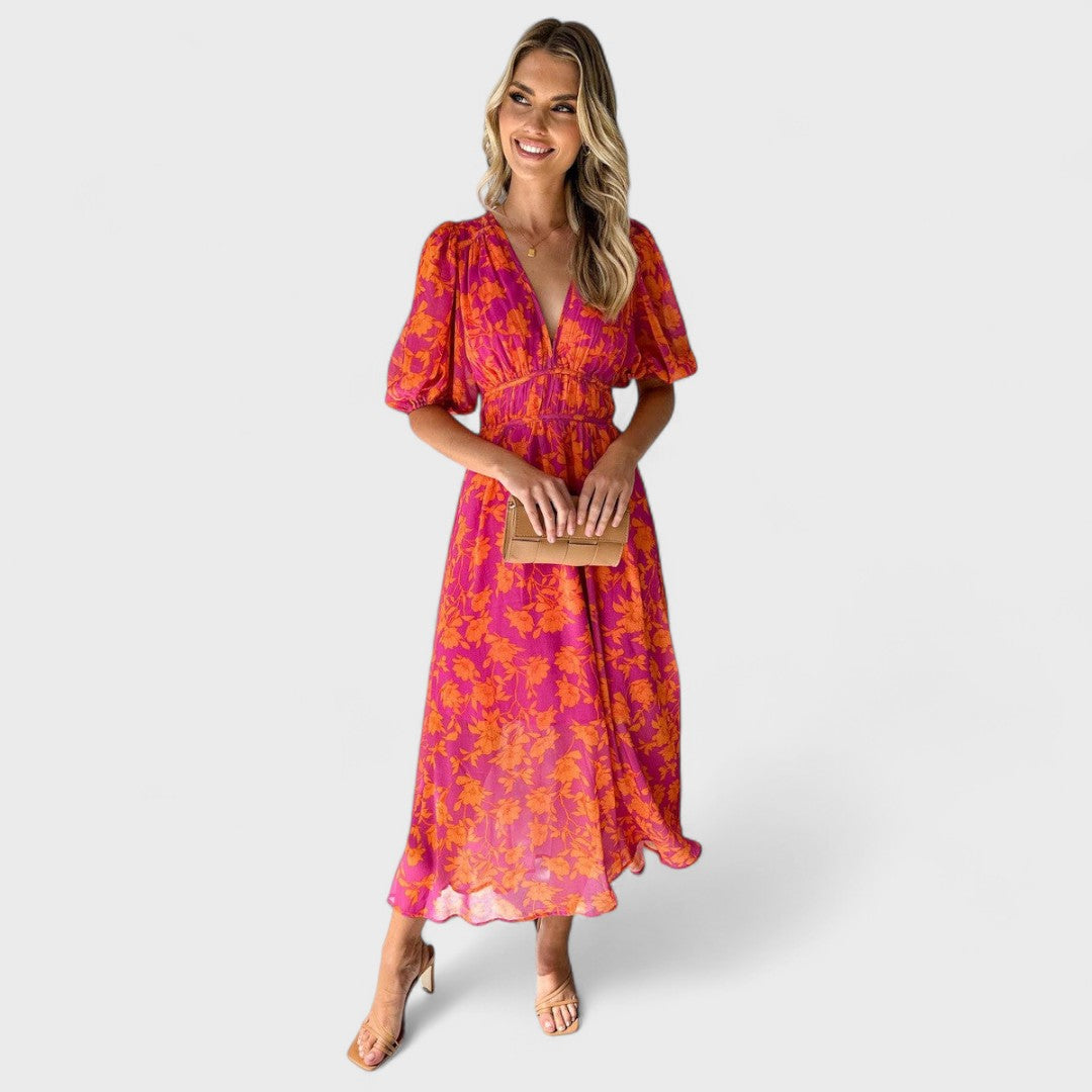 Élise™ - Midi Floral Dress with Puff Sleeves and V-Neck