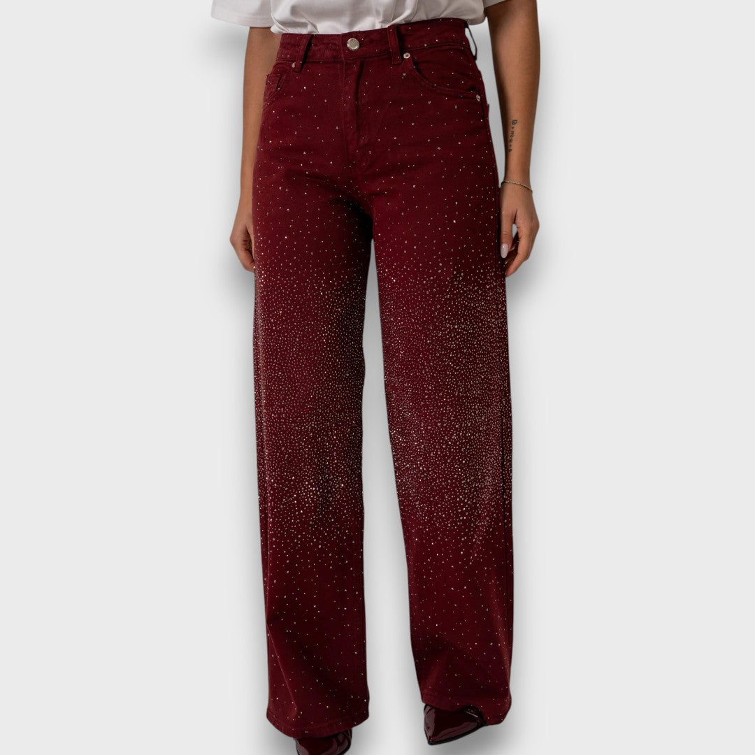 Élise™ – Bordeaux Wide Leg Jeans with Rhinestones