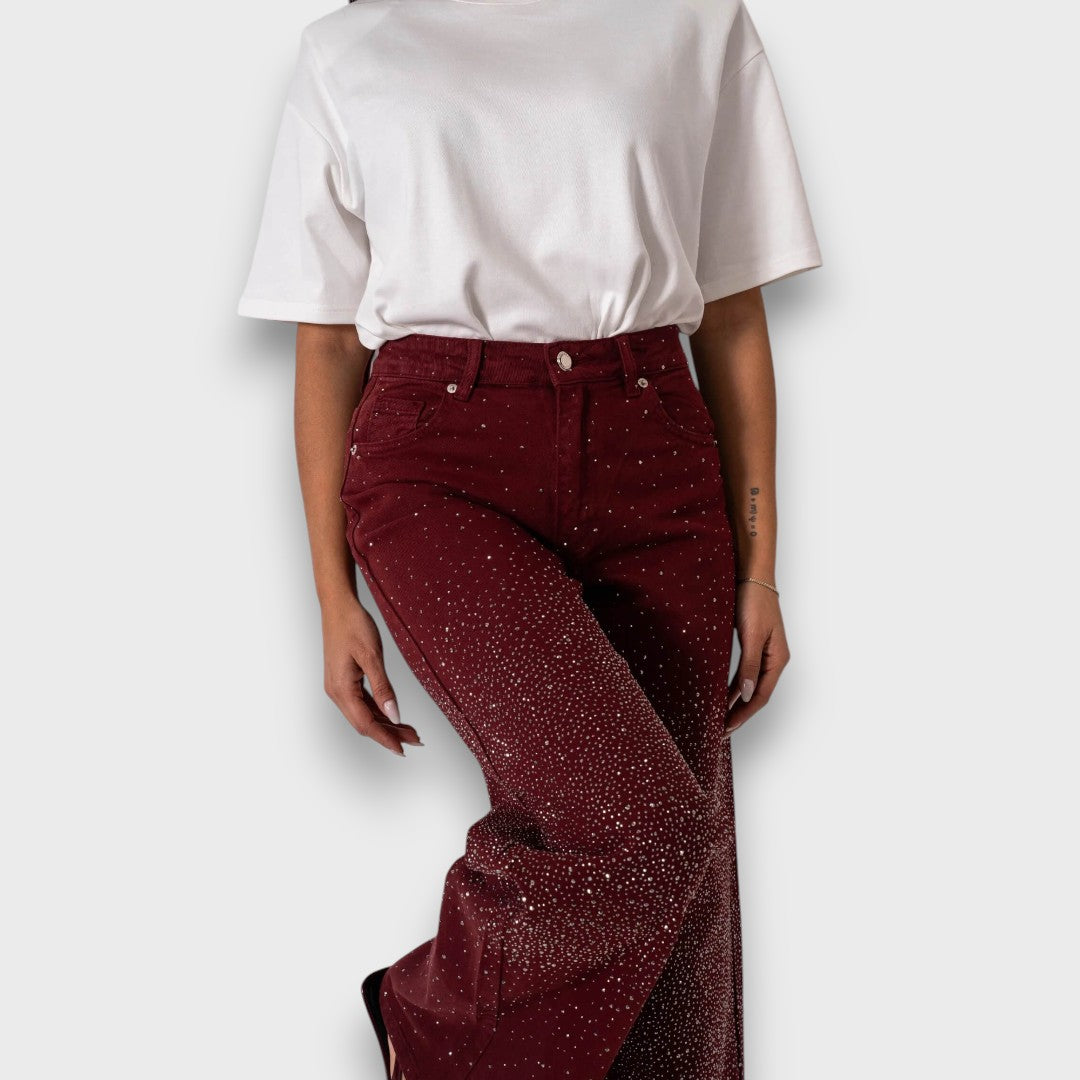 Élise™ – Bordeaux Wide Leg Jeans with Rhinestones