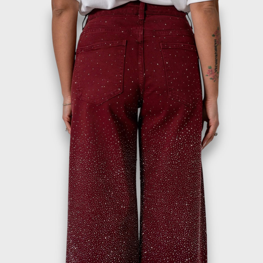 Élise™ – Bordeaux Wide Leg Jeans with Rhinestones