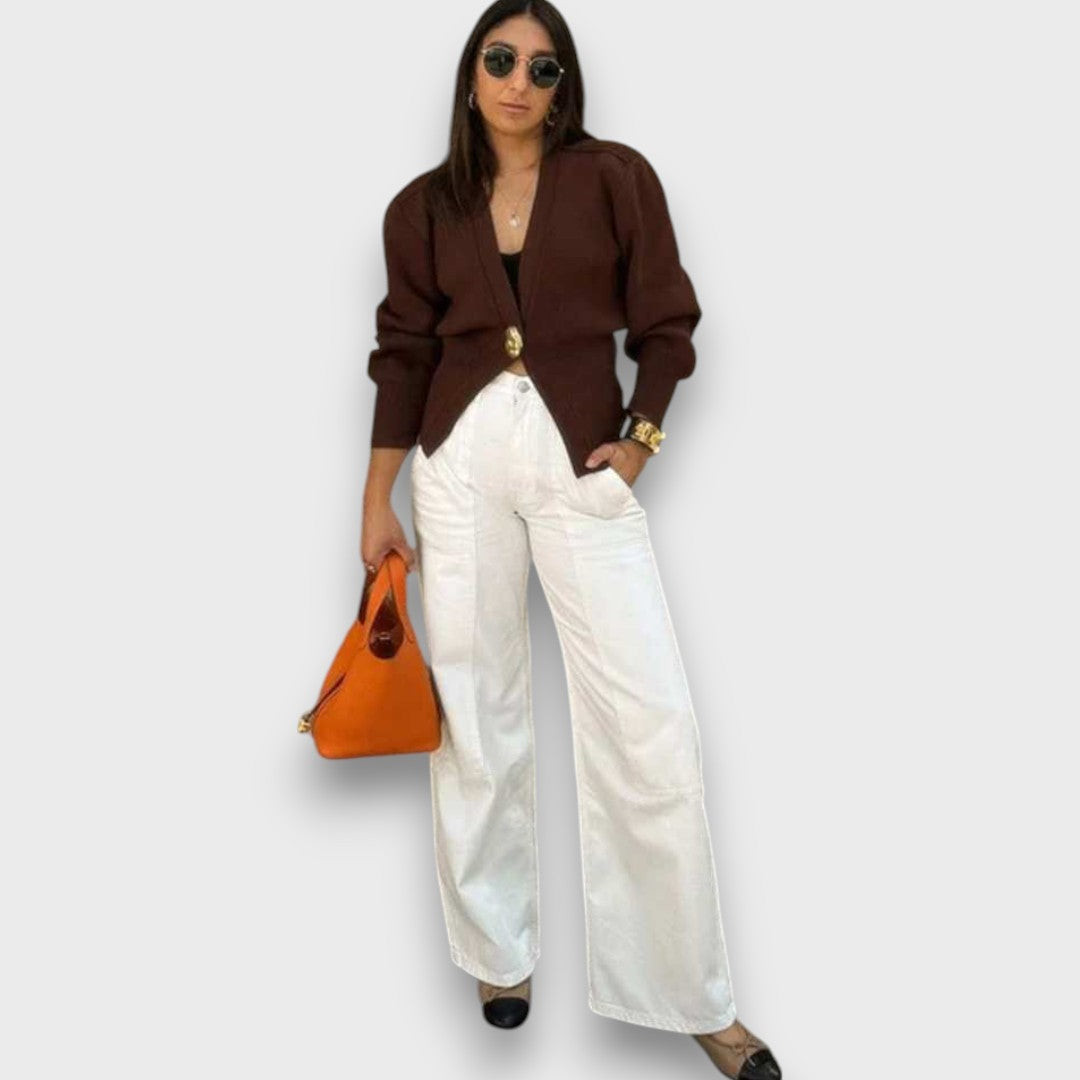 Élise – Cardigan with Deep V-Neck and Gold Button