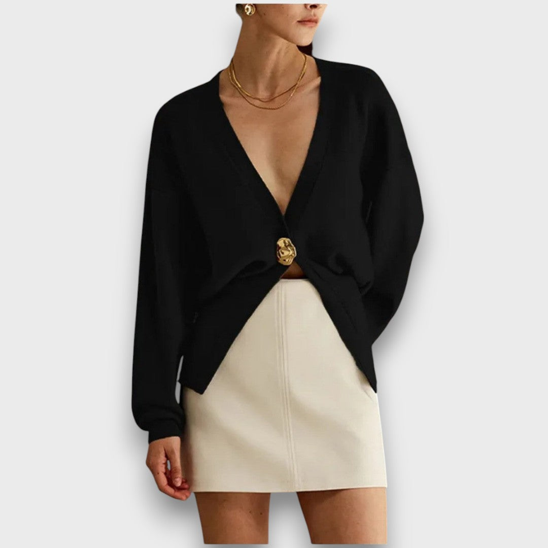Élise – Cardigan with Deep V-Neck and Gold Button
