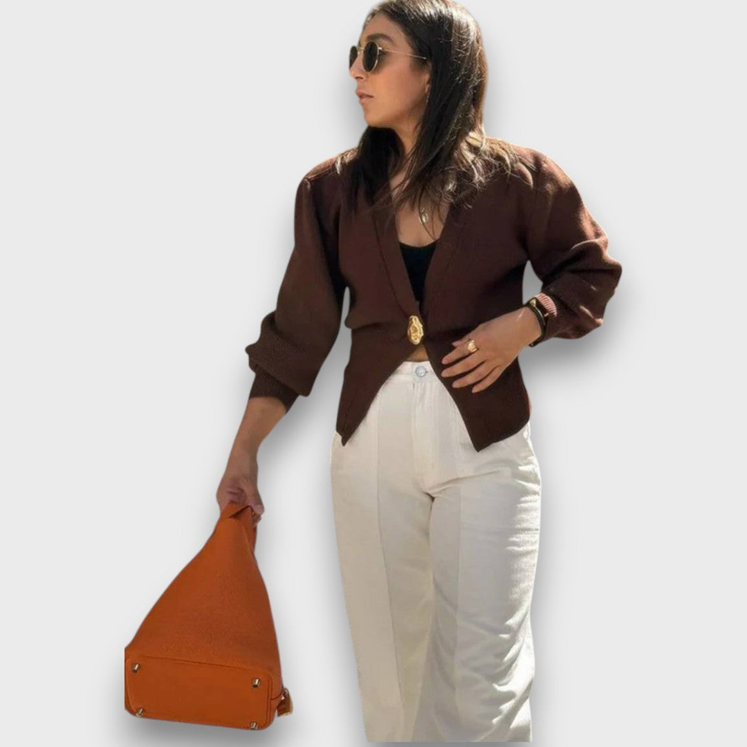 Élise – Cardigan with Deep V-Neck and Gold Button
