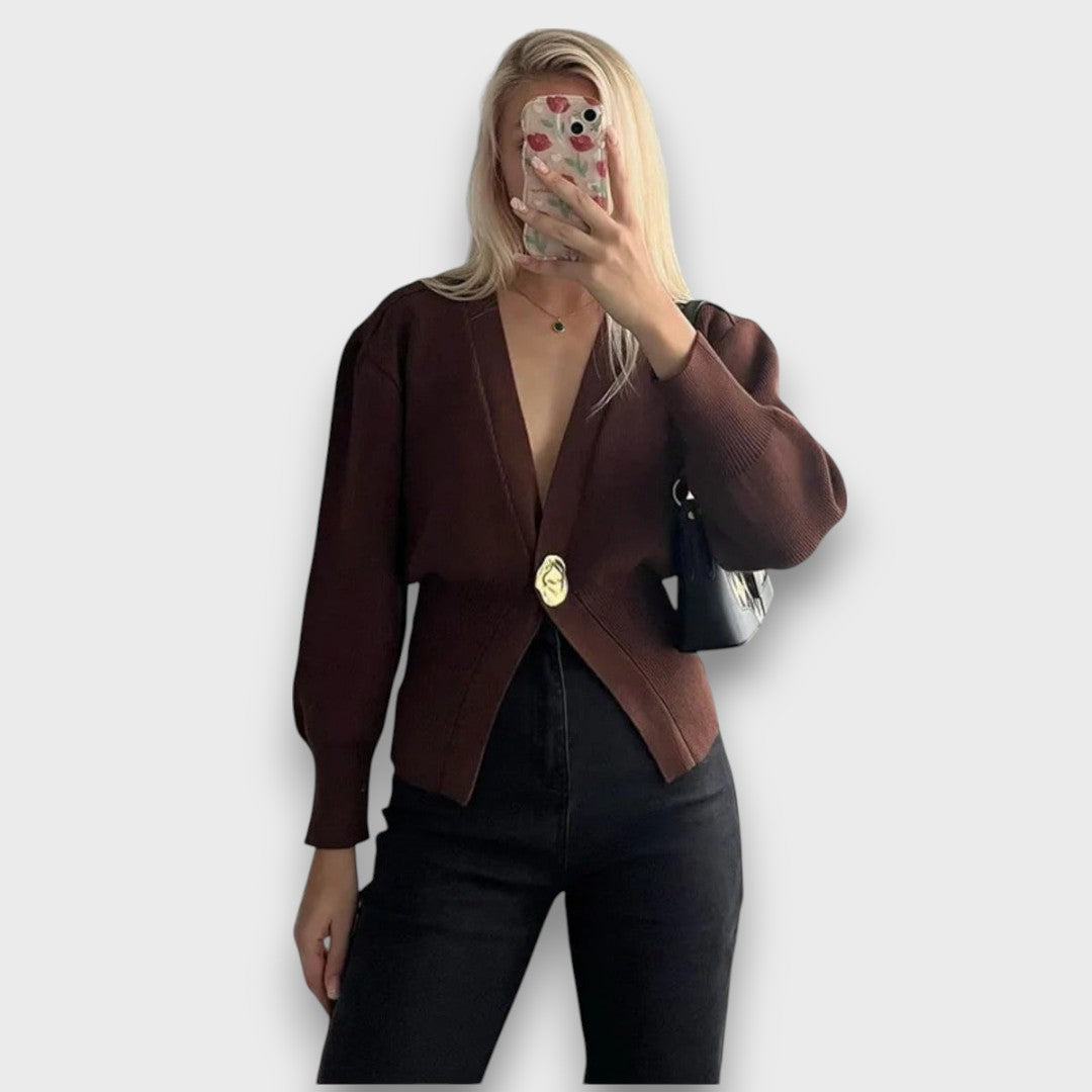 Élise – Cardigan with Deep V-Neck and Gold Button