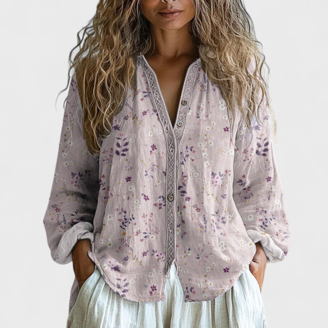 Élise™ - Vintage Leaf Print Blouse