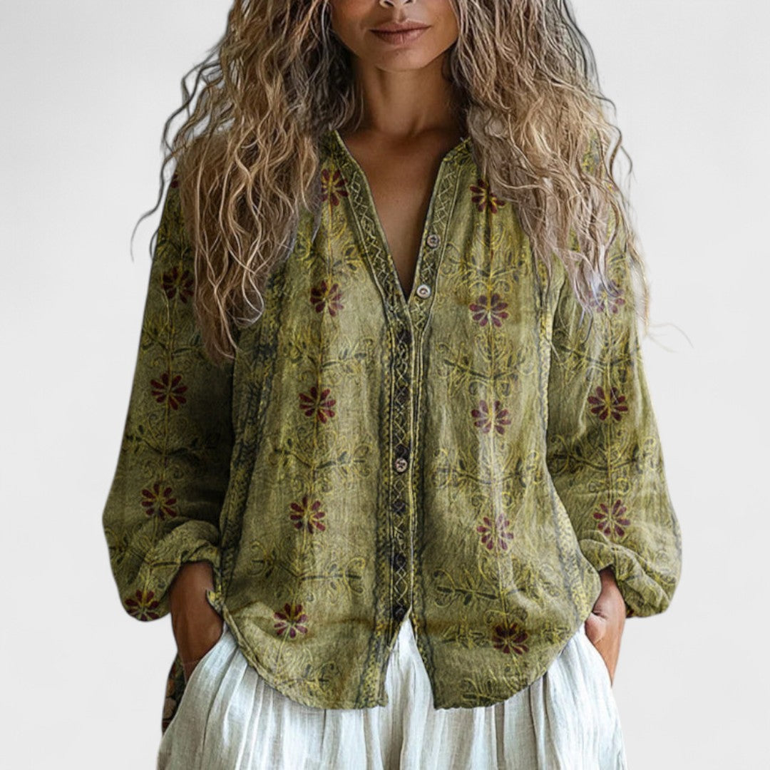 Élise™ - Vintage Leaf Print Blouse