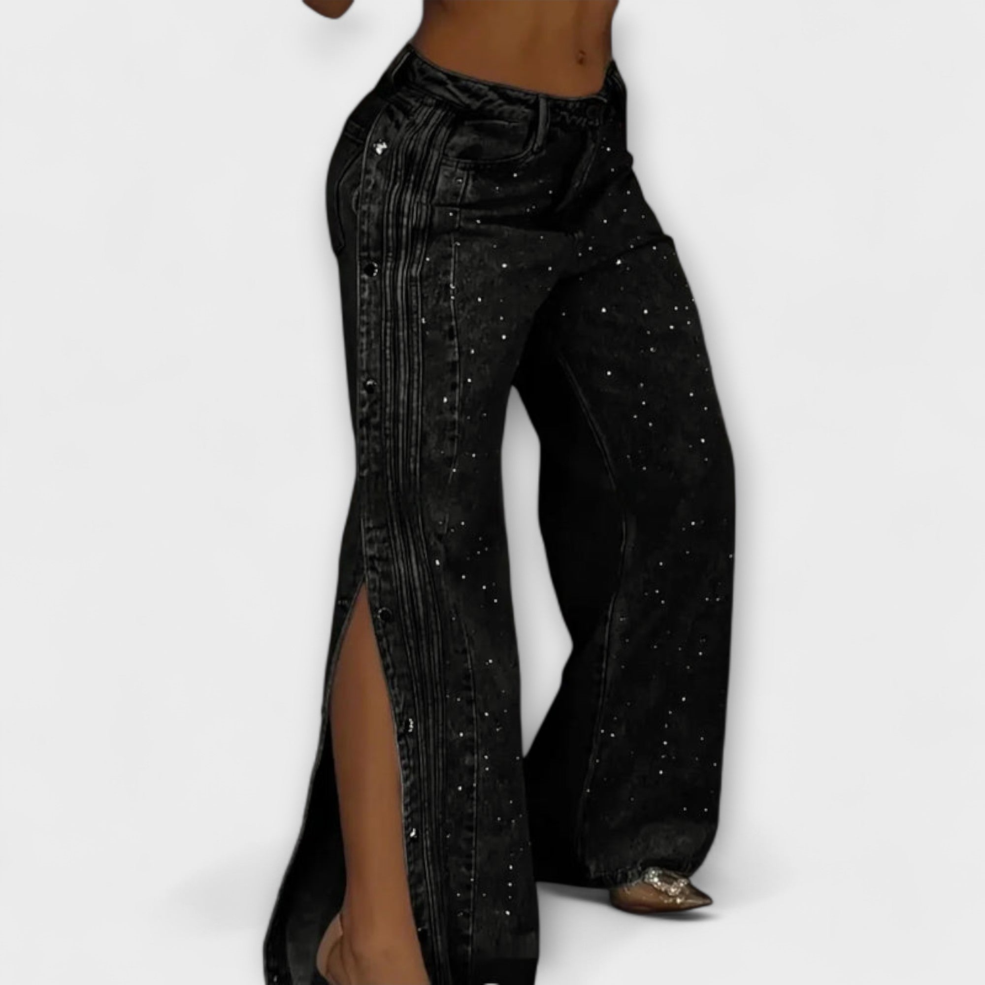 Élise™ High-Waisted Jeans with Rhinestone Accents and Side Buttons