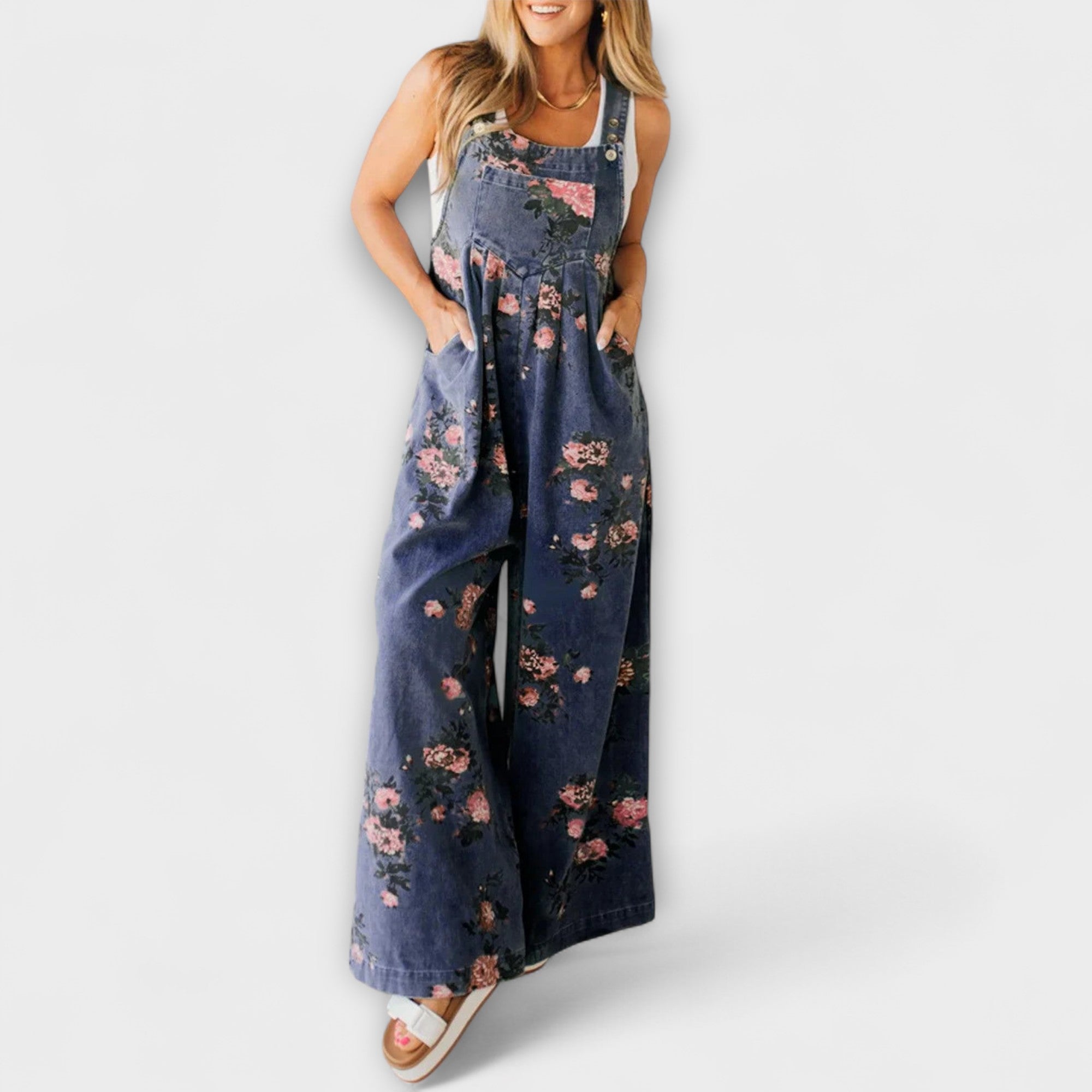 Élise™ - Floral Pattern Denim Dungarees