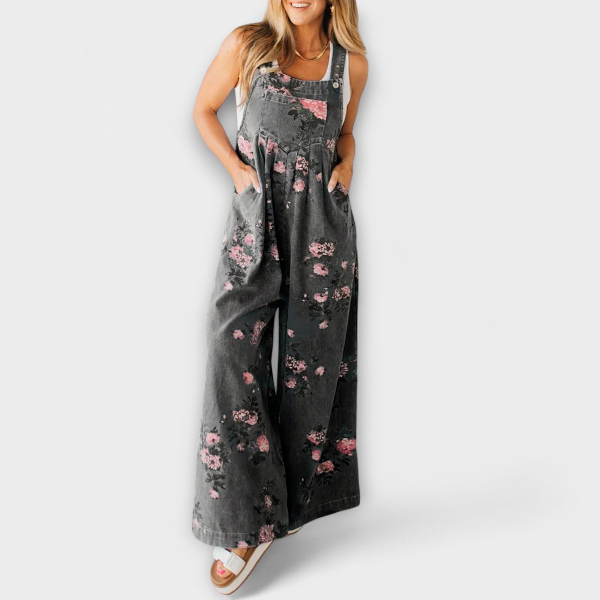 Élise™ - Floral Pattern Denim Dungarees